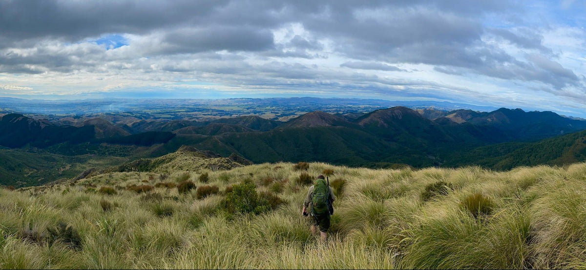 Wide view of mountains and hunter tramping pack and rifle on his back 