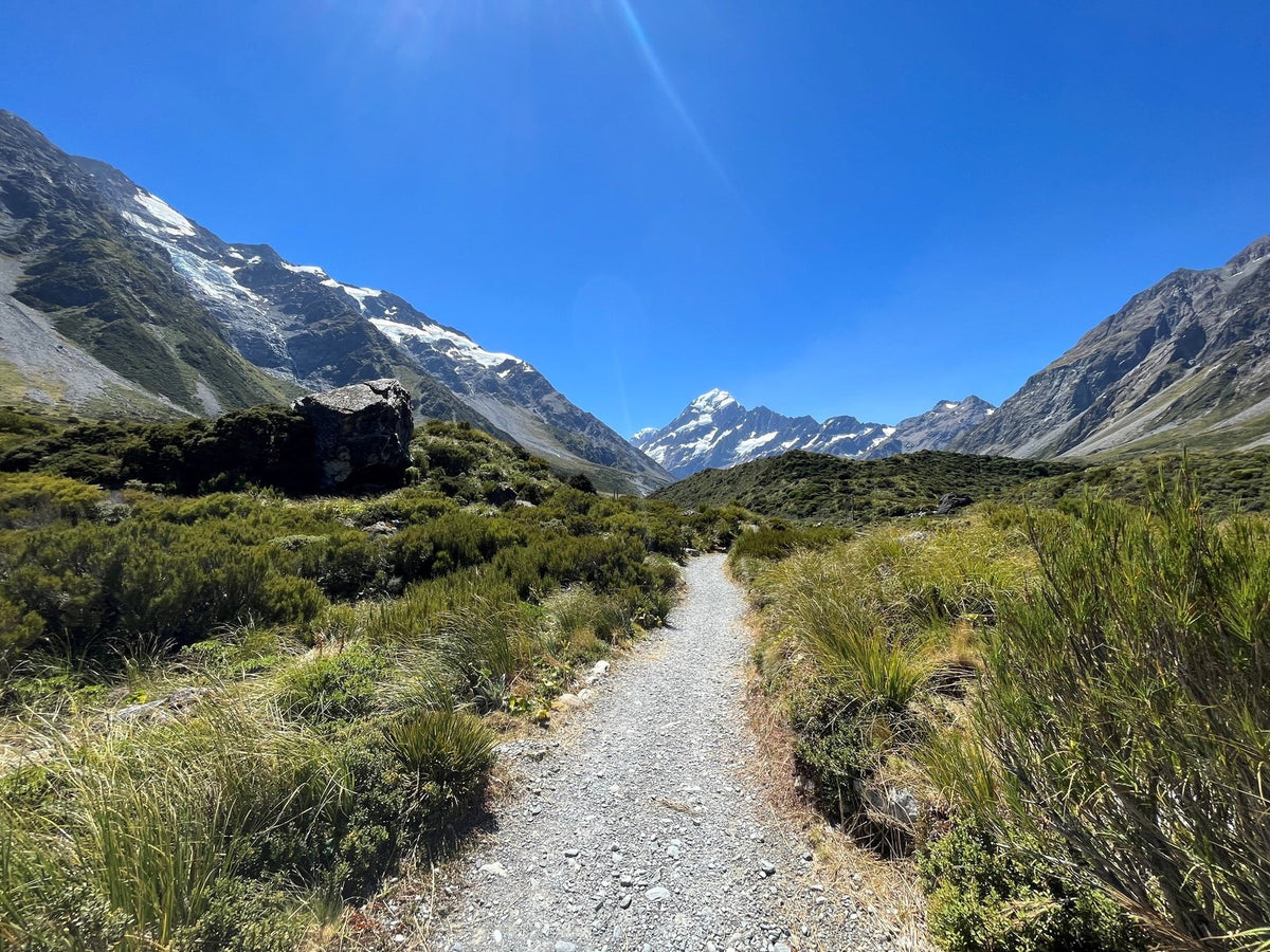 Snowy south island mountain tops with gravel path in centre and greenery either side